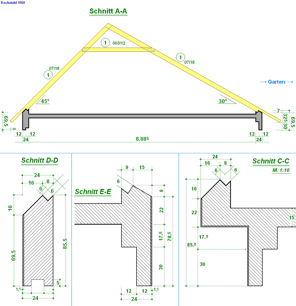 Siriusweg 20: 1. Zeichnung des Dachstuhls (1968)